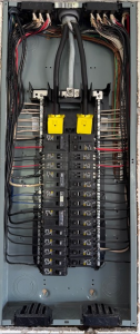 Residential electrical breaker panel with circuit breakers